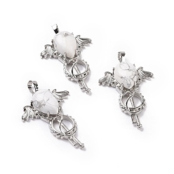 Говлит Подвески из натурального говлита в форме капли, Брелоки для ключей, с стеллаж металлизированный платины тон выводов латуни, 46x32x9~10.5 мм, отверстие : 7x5 мм