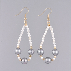 Gray Shell Pearl Dangle Earrings, with Golden Plated Brass Earring Hooks, Brass Beads and Cardboard Packing Box, Gray, 67mm, Pin: 0.8mm