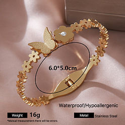 Mariposa 304 Brazaletes articulados de acero inoxidable con cristales y diamantes de imitación para mujer, dorado, mariposa, diámetro interior: 2.36 pulgada (6 cm)