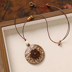 Flat Round Coconut Shell & Wood Flower Oval Flat Round Pendant Necklaces for Women, Coconut Brown, Flat Round, 31.50 inch(80cm), Pendant: 70x50mm