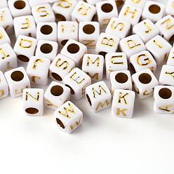 White 156Pcs 26 Style White Plating Acrylic Letters Beads, Metal Enlaced, Cube with Golden Letter, 5.5~6x5.5~6x5.5~6mm, Hole: 3.5mm, 6pcs/Letter