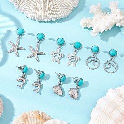 Mixed Shapes 304 из нержавеющей стали болтаться серьги, с синтетической бирюзой и 304 серьгами-гвоздиками из нержавеющей стали, платина, разнообразные, 28.5~34.5x14.5~20.5 мм