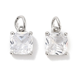 Clear Brass Micro Pave Cubic Zirconia Charms, with Jump Ring, Suqare, Platinum, Clear, 9.5x7x3.5mm, Hole: 2.5mm