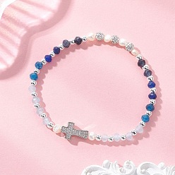 Синий Браслеты из окрашенного натурального малазийского нефрита в форме ронделей и культивированного пресноводного жемчуга, выполненные из эластичной ткани., Женские украшения с крестом из латуни с микропаве из кубических цирконий, синие, внутренний диаметр: 2.13 дюйм (5.4 см)