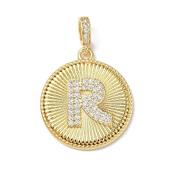 Letter R Латунные микропаве прозрачные подвески с фианитом, плоский круглый с подвесками в виде букв, без свинца и без кадмия, долговечный, стойки покрытие, реальный 18 k позолоченный, Буква R, 24.5x21.5x2.5 мм, отверстие : 4.5x3.5 мм