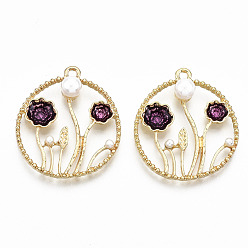 Фиолетовый Подвески из эмали и сплава, без кадмия и без свинца, абс пластиковая жемчужина, цветок, золотой свет, фиолетовые, 27x24x6 мм, отверстие : 1.6 мм