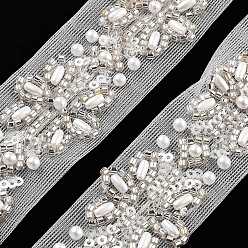 Blanc Floral Garnitures de dentelle de fleur de polyester, avec abs perles de perles d'imitation et de verre, floral blanc, 1-1/8 pouces (29 mm)