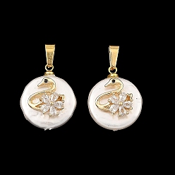White Shell Pearl Pendants, Flat Round with Swan & Flower Charms, with Brass Micro Pave Clear Cubic Zirconia Findings & 304 Stainless Steel Snap on Bails, White, 19x16x6.5mm, Hole: 6x2.5mm