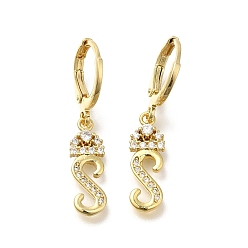 Letter S Серьги-кольца из латуни с прозрачным кубическим цирконием, реальный 18 k позолоченный, Письмо с, 30.5 мм, подвески: 17.5x6x2 мм