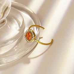 Оранжевый Регулируемые открытые манжеты из нержавеющей стали с микропаве из кубического циркония для женщин, квадратный, реальный 18 k позолоченный, оранжевые