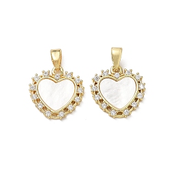 Golden Brass Micro Pave Clear Cubic Zirconia with White Acrylic Charms, Heart Charms, Golden, 15x15x2mm, Hole: 5x2mm