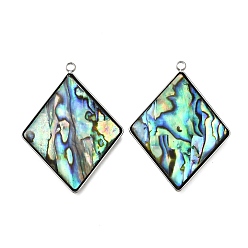 Rhombus 304 подвески из натуральной ракушки пауа из нержавеющей стали, цвет нержавеющей стали, ромб, 36.5x27x3 мм, отверстие : 2 мм