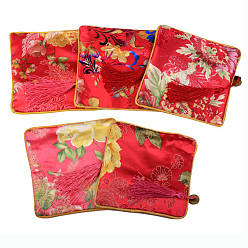 Светло-Вишневый Ретро квадратные тканевые мешочки на молнии, с кисточкой и цветочным узором, светло-вишневый, 12.2x12.2 см