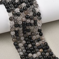Кварц Турмалинизации  Натуральный турмалированный кварц / черный рутиловый кварц, круглые, разноцветные, 6~7 мм, отверстие : 1 мм, около 12~13 шт / нитка, 29.53'' (75 см) ~ 31.50'' (80 см)