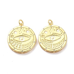 Настоящее золото 18K Латунные микропаве прозрачные подвески с фианитом, с эмалью и прыжковым кольцом, долговечный, плоские круглые с глаз, реальный 18 k позолоченный, 23x20.5x3 мм, кольцо juimp: 5x1 мм, 3 мм внутренним диаметром
