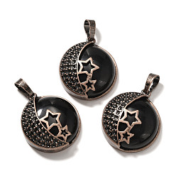 Обсидиан Природные подвески обсидиана, с латунной фурнитурой , плоско-круглые, 26.5x23x9 мм, отверстие : 8x5 мм