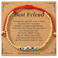 Evil Eye Браслеты из плетеных бусин и латунных бусин, регулируемые нейлоновые плетеные браслеты для женщин, с открытки, злые глаза, внутренний диаметр: 11 дюйм (28 см)