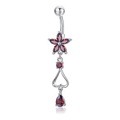 Rot Piercing-Schmuck, umweltfreundlicher kubischer Zirkiona-Nabelring aus Messing, Bauchringe, mit 304 Edelstahlleiste, Herzen und Blumen, rot, 48 mm, Anhänger: 24x12 mm, Stange: 15 Spurweite(1.5mm), Stangenlänge: 3/8"(10mm)