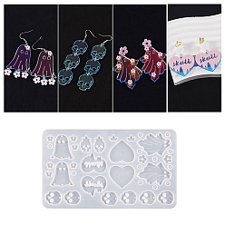 Ghost Силиконовые формы для кулонов на тему Хэллоуина, формы для литья смолы, сердце/череп, призрак, 125x212x4 мм, отверстие : 2 мм, внутренний диаметр: 5~51x5~40 мм