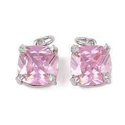 Pink Латунь прокладывает кубические циркониевые прелести, квадратный, стойки покрытие, без свинца и без кадмия, долговечный, платина, с целью перехода в кольце, розовые, 13x10x7 мм, отверстие : 3 мм