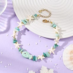 Amazonite Ocean Natural Amazonite Chip & Synthetic Turquoise Starfish & Handmade Porcelain Fish Beaded Anklets for Women, Golden, 9 inch(229mm)