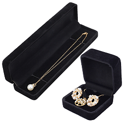 Black 2Pcs 2 Style Velvet Earrings Box & Necklace Box, Flip Box, Square & Rectangle, Black, 1pc/style