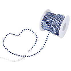 Sapphire Brass Rhinestone Strass Chains, with Spool, Rhinestone Cup Chain, Grade A, Silver, Sapphire, 3.1mm, about 10 yards/roll, 1 roll