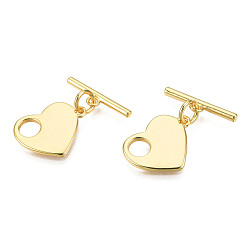 Real 18K Gold Plated Brass Toggle Clasps, Nickel Free, Heart, Real 18K Gold Plated, 21mm, Heart: 12x15x1.5mm, Hole: 1mm, Bar: 4x15x1.5mm, Hole: 1.2mm