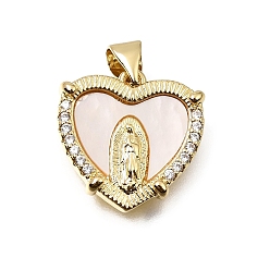 Old Lace Brass Micro Pave Clear Cubic Zirconia Pendants, with Shell, Heart with Virgin Mary Charms, Real 16K Gold Plated, Old Lace, 16.5x16.5x3mm, Hole: 4.5x3.5mm
