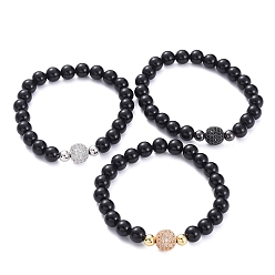 Mixed Color Stretch Bracelets, with Natural Black Agate Beads, Brass Cubic Zirconia Beads, Brass Spacer Beads and Elastic Crystal Thread, Mixed Color, 2-1/4 inch(5.58cm)