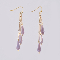 Сливовый Гальваническая непрозрачная сплошная капля, стеклянные бусины болтаются серьги, с цепочками из латунных звеньев и крючками для сережек, реальный 18 k позолоченный, слива, 72 мм, штифты : 0.7 мм