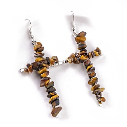 Tiger Eye Natural Tiger Eye Dangle Earring, Cross, 65x35mm
