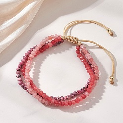 Светло-Вишневый Регулируемые многорядные браслеты из окрашенного натурального малазийского нефрита с бусинами для женщин и мужчин., рондель, светло-вишневый, внутренний диаметр: 2.54 ~3.21 дюйм (6.45~8.15 см)