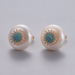 Deep-Sky-blau Natürliche Perle Ohrstecker, mit Messing micro pave Zirkonia Zubehör, flach rund mit Blume, langlebig überzogen, mit Ohrmuttern, golden, Deep-Sky-blau, 14~14.5 mm, Stift: 0.8 mm