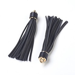 Black PU Leather Cord Tassel Big Pendants, with Plastic Clasps, Black, 110~115x15mm, Hole: 4mm