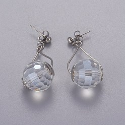 Hellstahlblau 304 Edelstahl baumeln Ohrstecker, mit Glasperlen und Ohrmuttern, Runde, facettiert, hellstahlblau, 38.5~39 mm, Stift: 0.8 mm