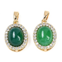 Зеленый агат Овальные подвески из натурального зеленого оникса и агата (окрашенные и нагретые), латунные прозрачные кубические циркониевые подвески, реальный 18 k позолоченный, 16x11.5x7.5 мм, отверстие : 4x2 мм