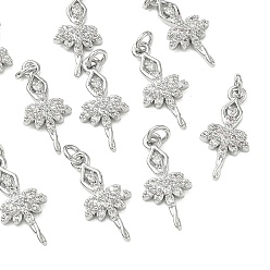 Real Platinum Plated SHEGRACE Brass Micro Pave Cubic Zirconia Pendants, Ballet Charms, Cadmium Free & Nickel Free & Lead Free, Clear, Real Platinum Plated, 17.5x8x2mm, Hole: 2.8mm