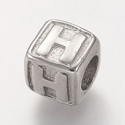 Letter H Устойчивые к потускнению 304 европейские бусины из нержавеющей стали, горизонтальное отверстие, бусины с большим отверстием, куб с letter.h, 8x8x8 мм, отверстие : 4 мм