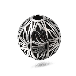 Античное Серебро Гравированные 304 бусины из нержавеющей стали, круглые с цветочным узором, античное серебро, 9.5 мм, отверстие : 1.8 мм