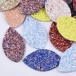 Mixed Color Polyester Fabric Big Pendants, with PU Leather and Double-Sided Glitter Sequins/Paillette, Horse Eye, Mixed Color, 61x36.5x3.5mm, Hole: 2mm