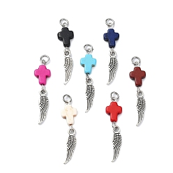 (52) Непрозрачная лаванда Окрашенные синтетические бирюзовые подвески, крест с подвесками из сплава перьев, с прыжковых колец, античное серебро, разноцветные, 35.5x8x3.7 мм, отверстие : 3.4 мм