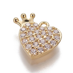 Golden Brass Cubic Zirconia Charms, Heart with Crown, Clear, Golden, 13.5x14.5x3mm, Hole: 1.2mm