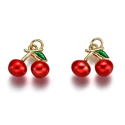 Red Brass Enamel Charms, Long-Lasting Plated, Real 18K Gold Plated, Cherry, Red, 11x13x5.5mm, Hole: 2.4mm