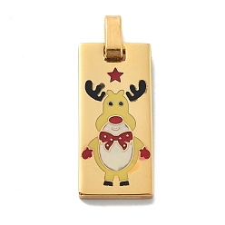 Настоящее золото 14K Рождественское ионное покрытие (IP) 304 эмалированные подвески из нержавеющей стали, прямоугольник с подвеской в виде оленя, реальный 14 k позолоченный, 28x13x2.5 мм, отверстие : 4.5x3 мм