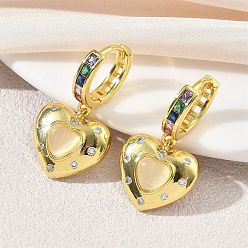 Golden Brass Micro Pave Cubic Zirconia and Cat Eye Beads Heart Hoop Dangle Earrings, Rack Plating, Long-Lasting Plated, Cadmium Free & Lead Free, Golden, 27.5x15.5mm