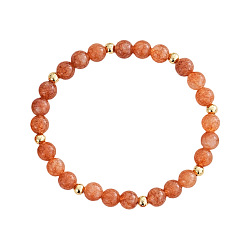Солнечный Камень Круглые браслеты из натурального солнечного камня и латунных бусин, эластичные, для женщин., 6.89 дюйм (17.5 см)