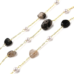 Rutilated Кварц Цепочки из бусин ручной работы с натуральными самородками рутилового кварца, пайки, с бусинами из АБС-пластика и фурнитурой из латуни с покрытием из стойки, долговечный, без свинца и без кадмия, с катушкой, реальный 18 k позолоченный, 4~7x6~12x3~5 мм