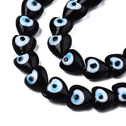 Black Handmade Evil Eye Lampwork Beads Strands, Heart, Black, 12~12.5x12~13x7.5mm, Hole: 1.2mm, about 33pcs/strand, 14.76 inch(37.5cm)