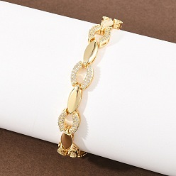 Настоящее золото 18K Овальные латунные браслеты-цепочки с микропаве из прозрачных кубических цирконий для женщин, долговечный, без свинца и без кадмия, реальный 18 k позолоченный, 7.87 дюйм (20 см)